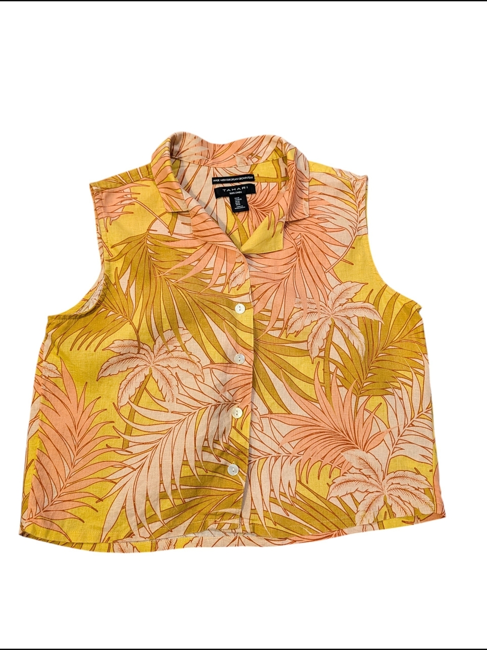 Tahari Linen Tropical Leaf Print Resort Vacation Cropped Sleeveless Size Medium